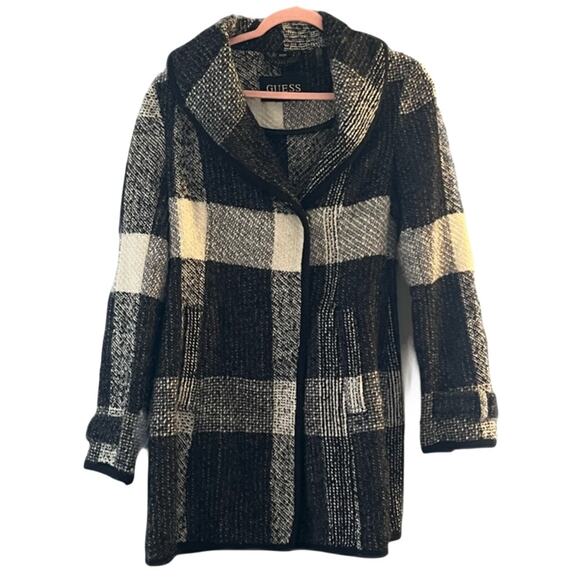 GUESS Women’s Coat Black White Plaid Wool Blend Jacket Coat Size Wool Blend Y2K - Picture 1 of 6
